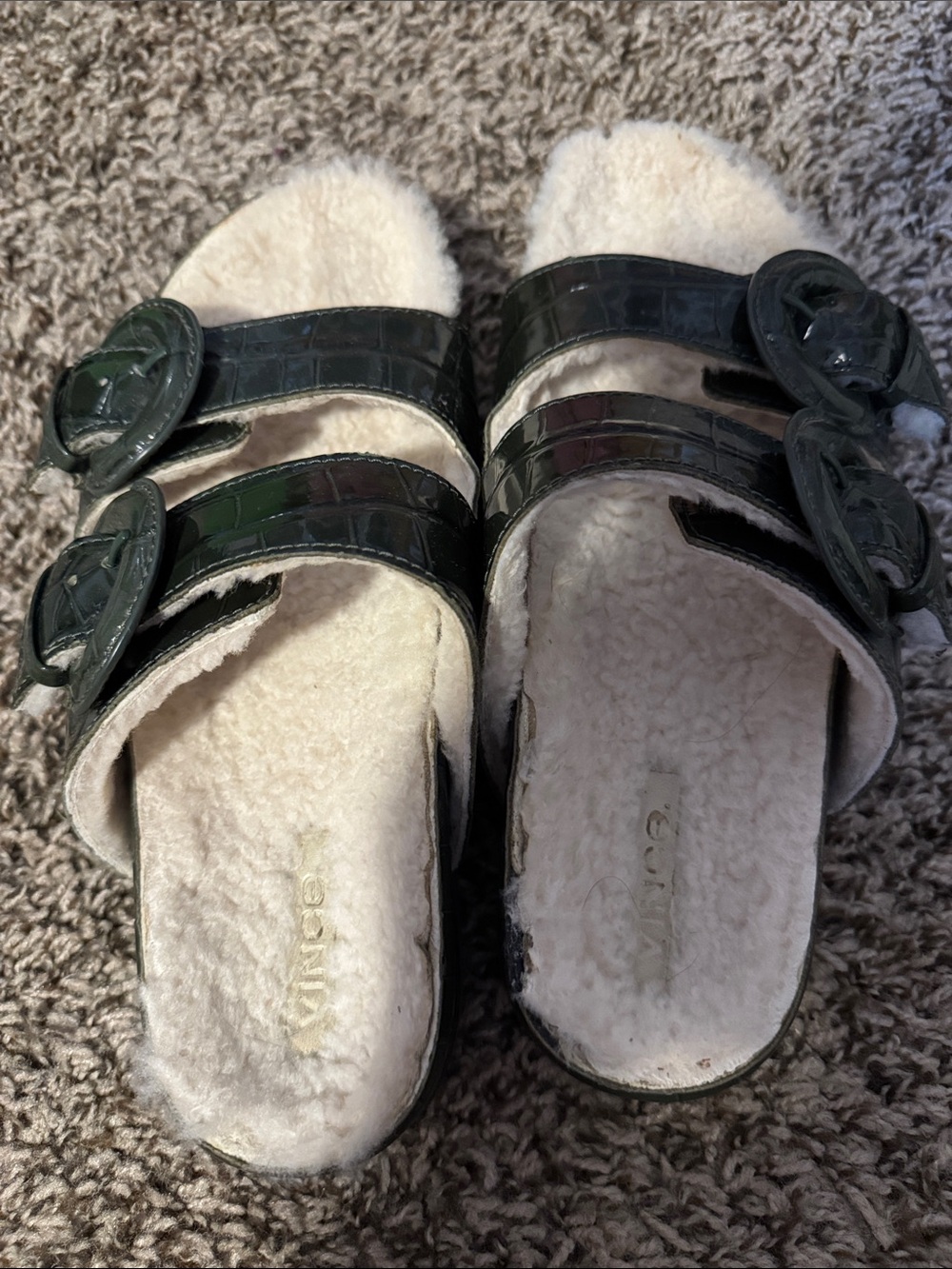 Vince Black Faux-Croc Double Buckle Shearling Slide Sandals
